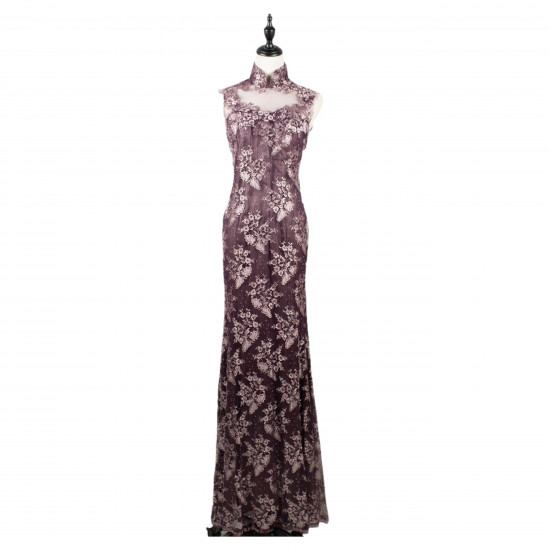 NO.8 Purple Qipao Collar Gown With Purple & Silver Lace