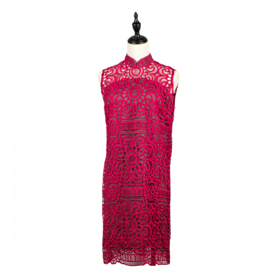 NO.8 Fuchsia and Grey Floral Lace Sleeveless Qipao