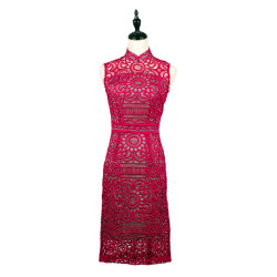 NO.8 Fuchsia and Grey Floral Lace Sleeveless Qipao