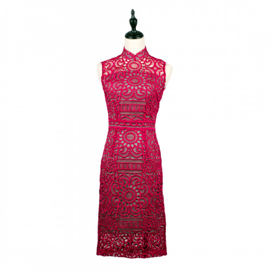 NO.8 Fuchsia and Grey Floral Lace Sleeveless Qipao